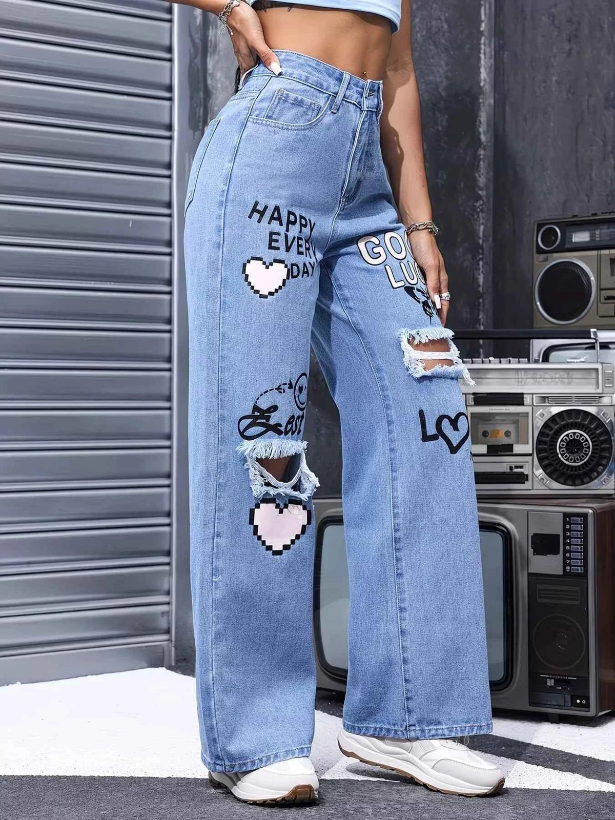 Distressed Printed Wide Leg Jeans