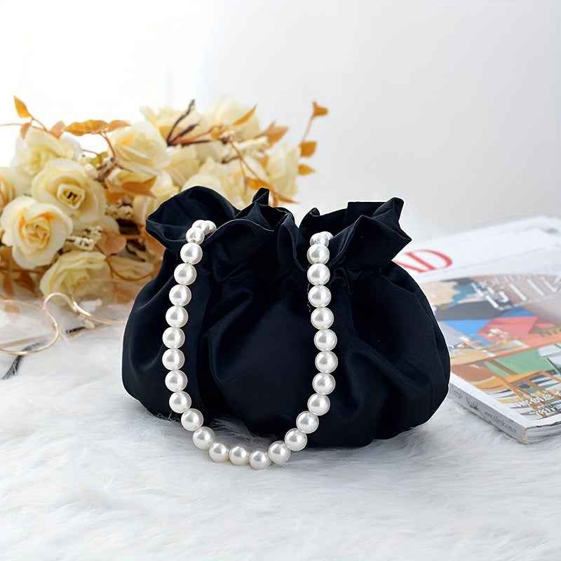 Pearl Satin Handbag – Cute Small Tote & Elegant Evening Bucket Bag