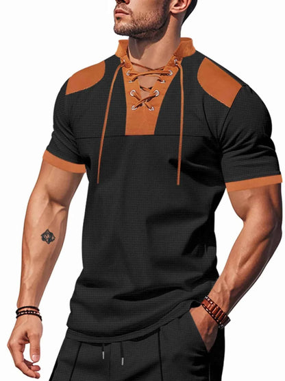 Men's Full Size Lace-Up Neckline Short Sleeve T-Shirt Plus Size
