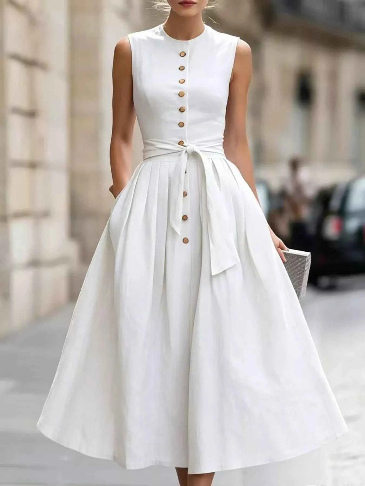 Full Size Sleeveless Button-Front Belted Midi Dress Plus Size