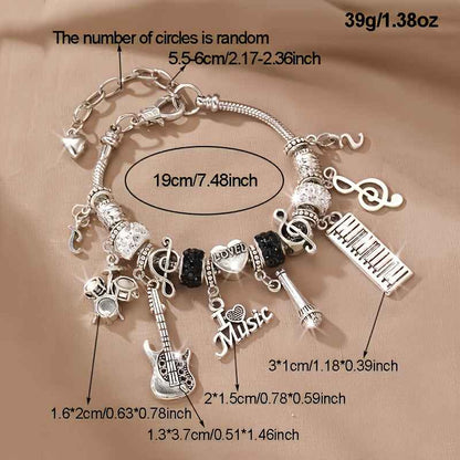 Music Theme Heart Bracelet - Women's Gift with Guitar, Microphone, Drum Set, and Piano Pendant LOVE Heart Charm Beads