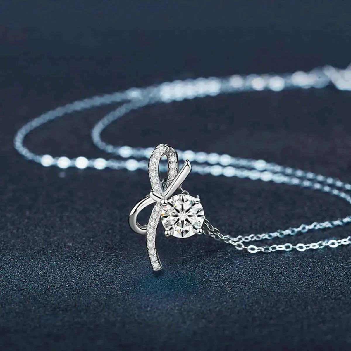 1 Carat Moissanite 925 Sterling Silver Bowknot Necklace