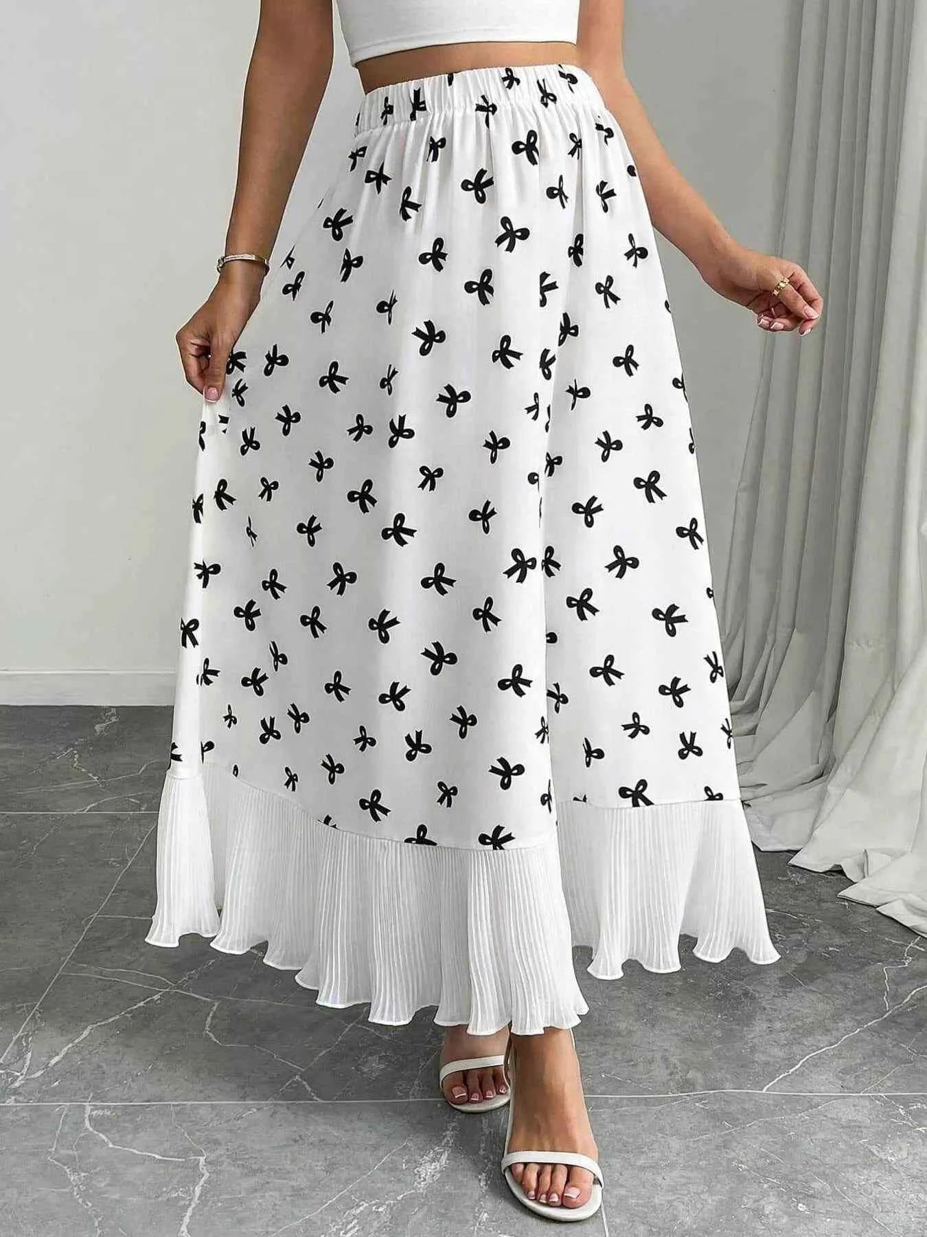 Bow Print Ruffle Hem Flowy Maxi Skirt