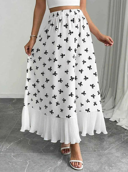 Bow Print Ruffle Hem Flowy Maxi Skirt
