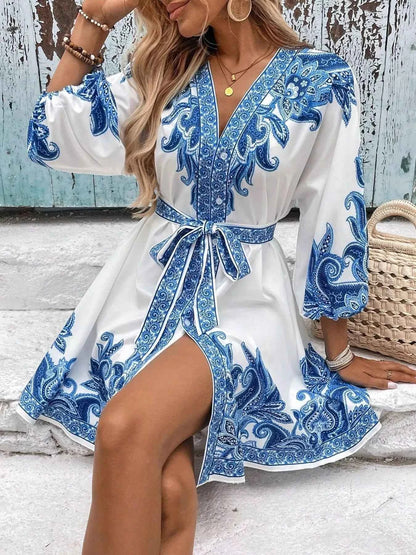 Paisley Print V-Neck Belted Mini Dress
