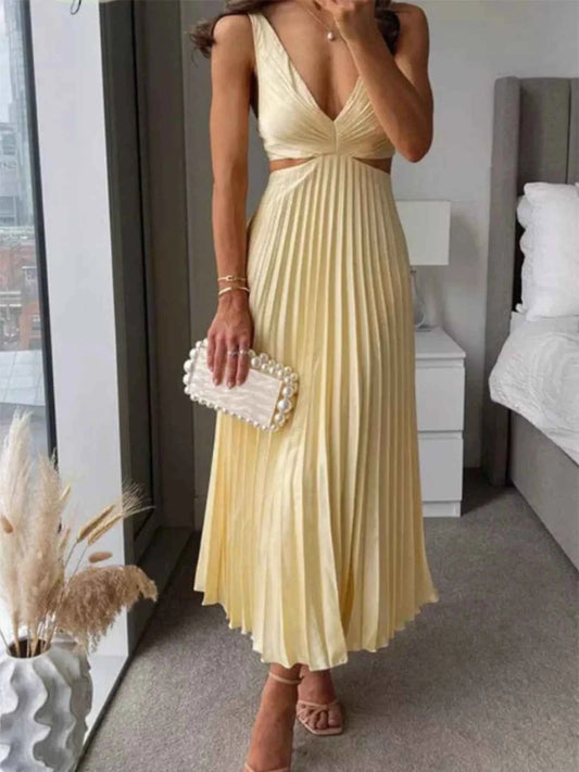 Elegant Pleated Midi Dress with Cut-out Details