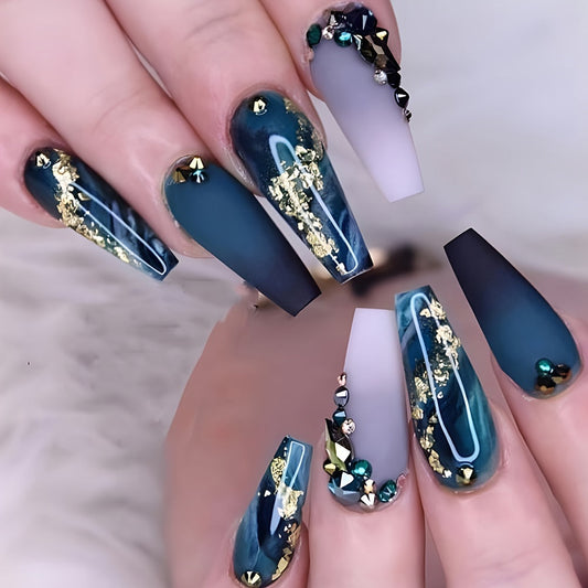 Long Marbled Fake Nails Rhinestone Coffin Dark Green Press-On Nails Acrylic False Nails With Glue Sticker (24pcs)