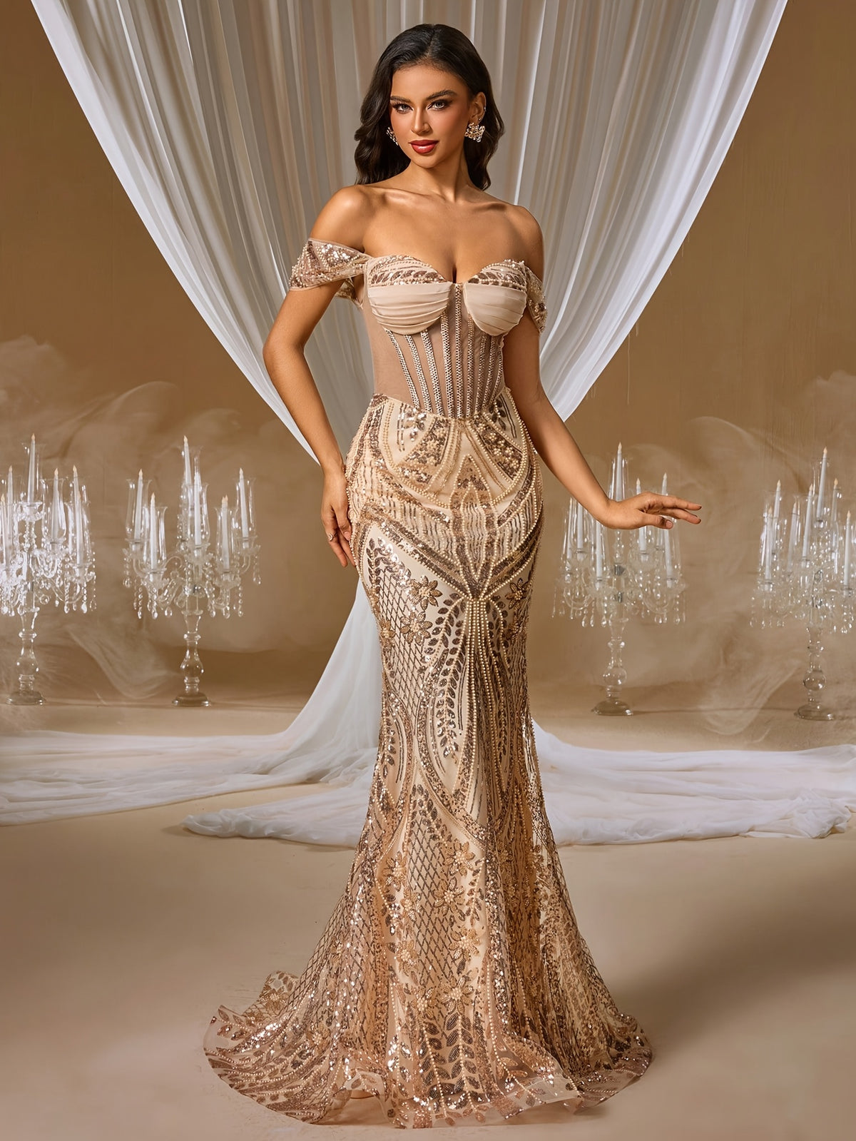 One-Shoulder Sequin Fishtail Evening Dress