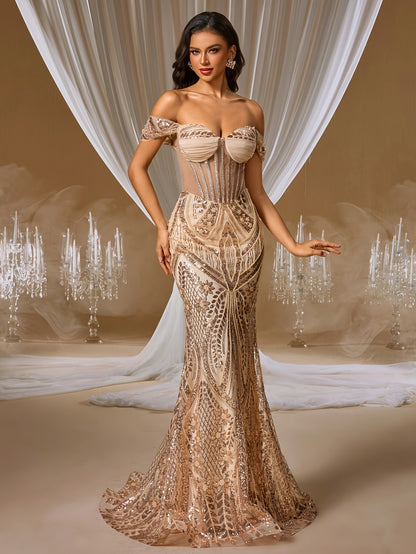One-Shoulder Sequin Fishtail Evening Dress