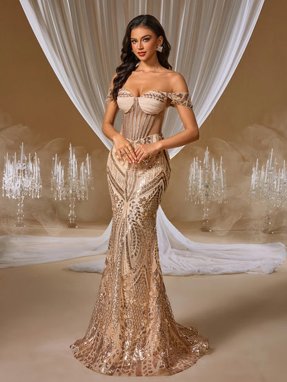 One-Shoulder Sequin Fishtail Evening Dress