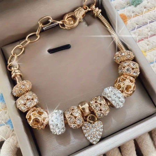 Yellow & White 1pc Elegant Love Heart Charm Bracelet with Sparkling Beads
