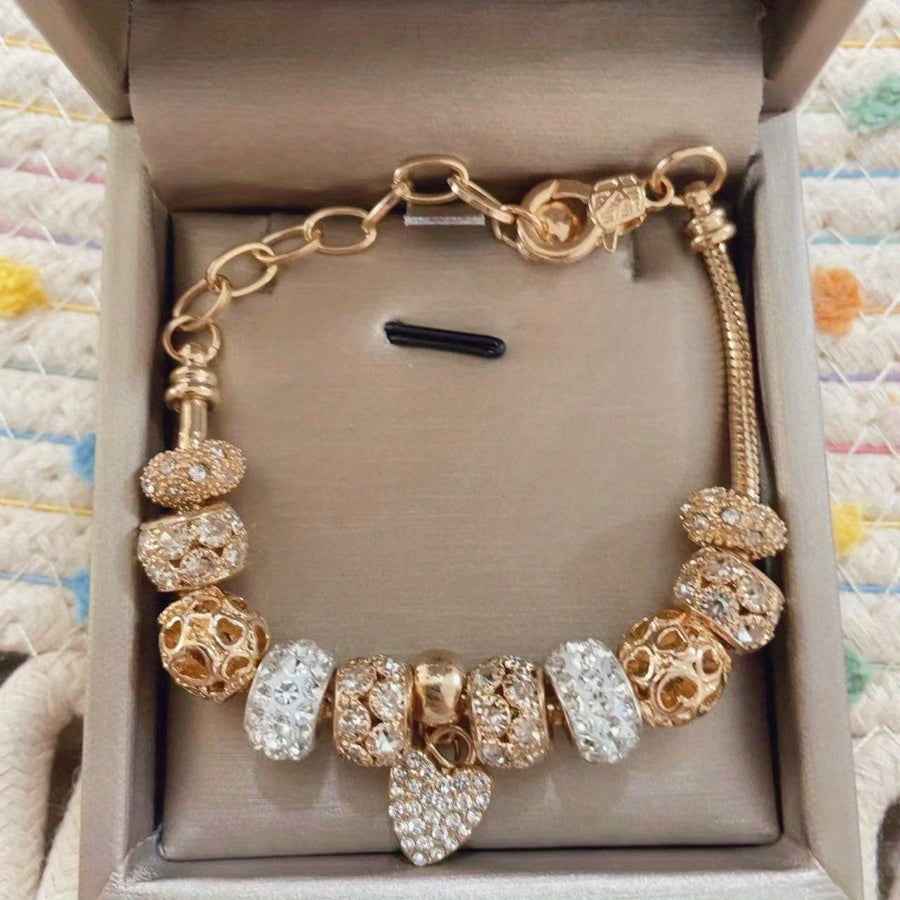 Yellow & White 1pc Elegant Love Heart Charm Bracelet with Sparkling Beads