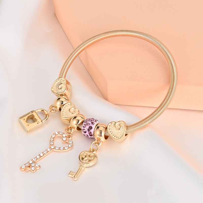 1pc Golden Alloy Heart Pendant Lock Bracelet