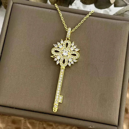 18K Gold-Plated Zircon Key Pendant Necklace