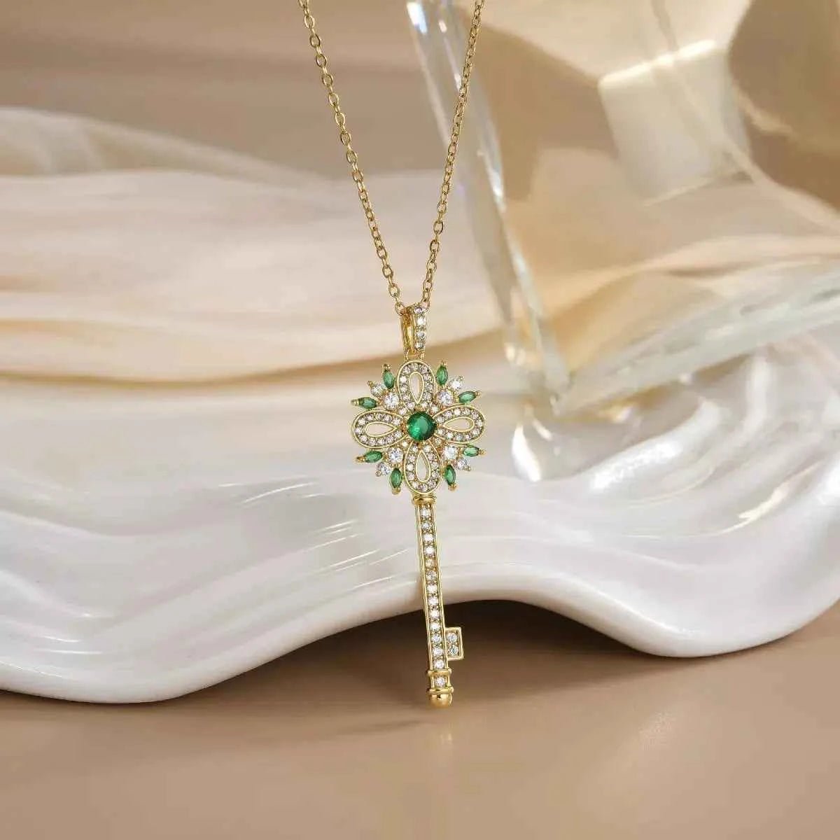 18K Gold-Plated Zircon Key Pendant Necklace