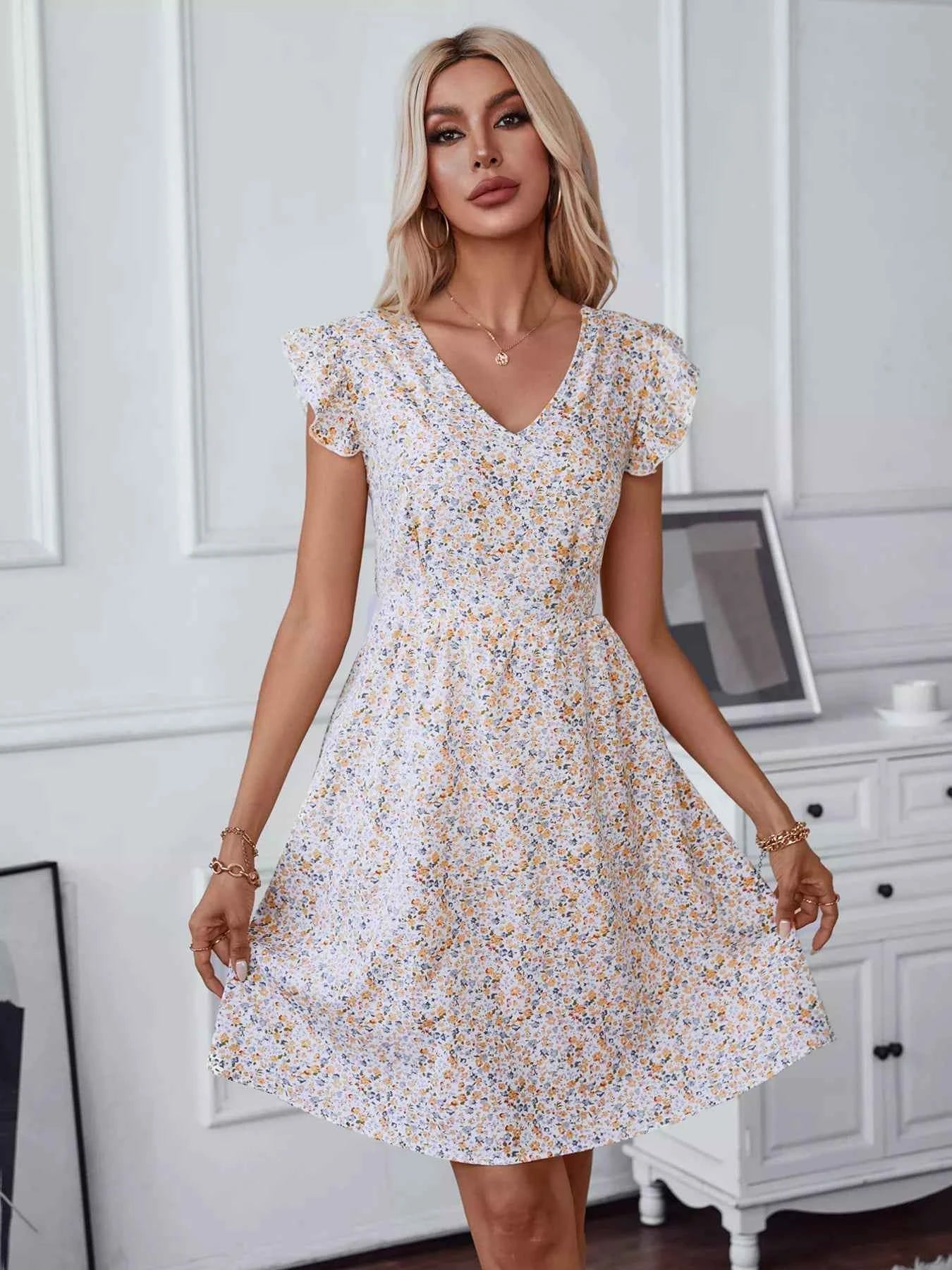 Floral Print Lace Trim Tie Back Mini Dress