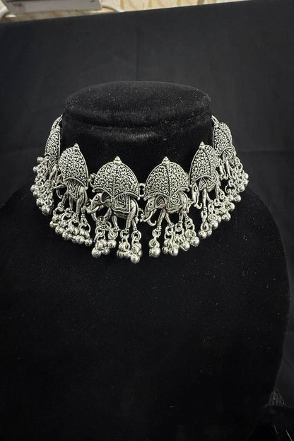 Paheran Oxidised Silver Elephant Choker Necklace Set with Earrings