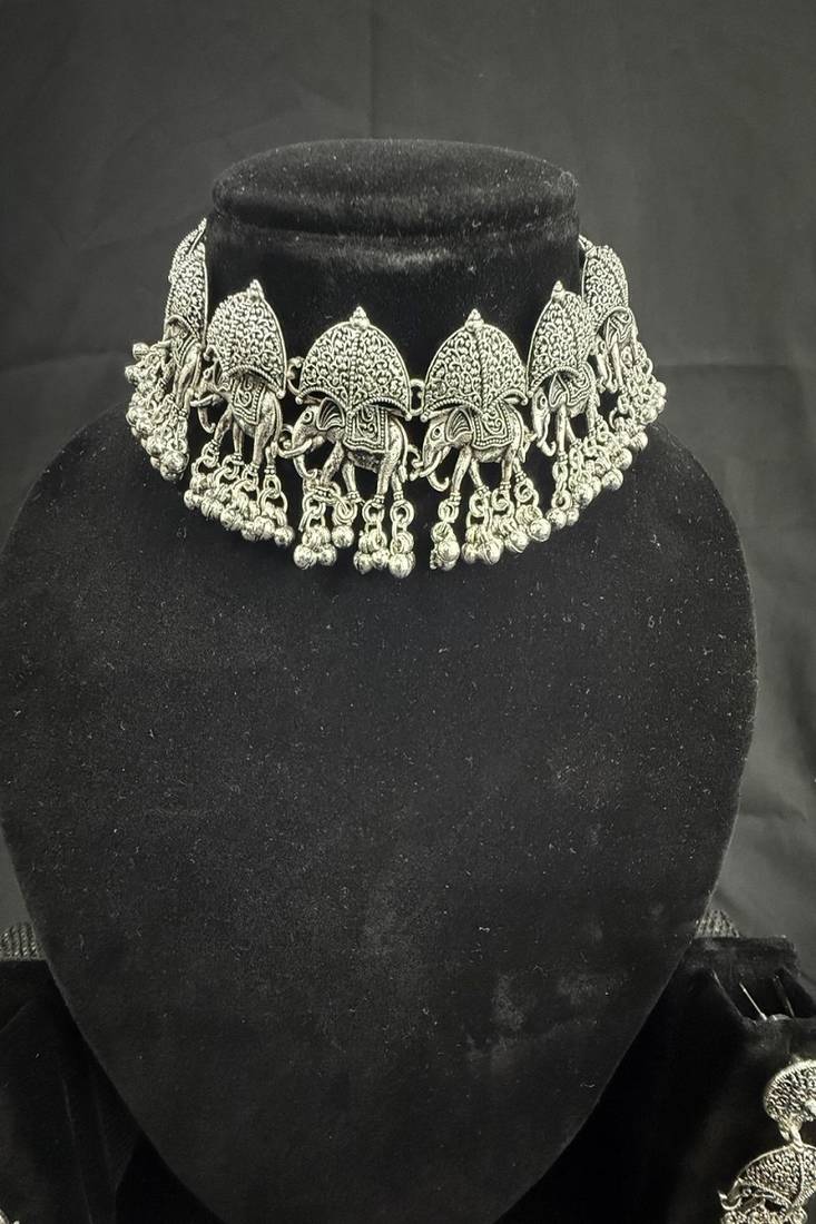 Paheran Oxidised Silver Elephant Choker Necklace Set with Earrings