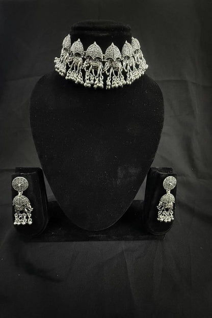 Paheran Oxidised Silver Elephant Choker Necklace Set with Earrings