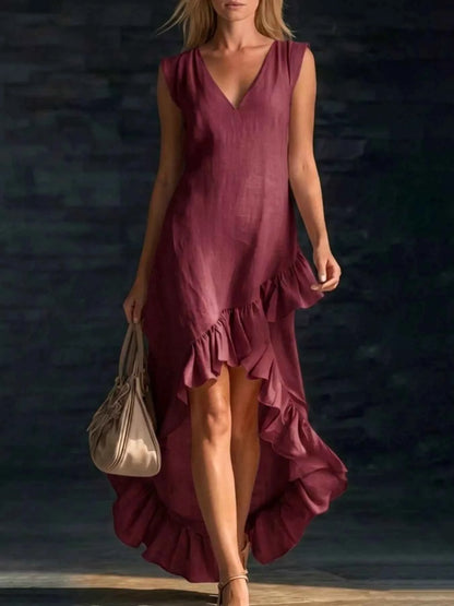 Full Size V-Neck Ruffle Hem High-Low Dress Plus Size