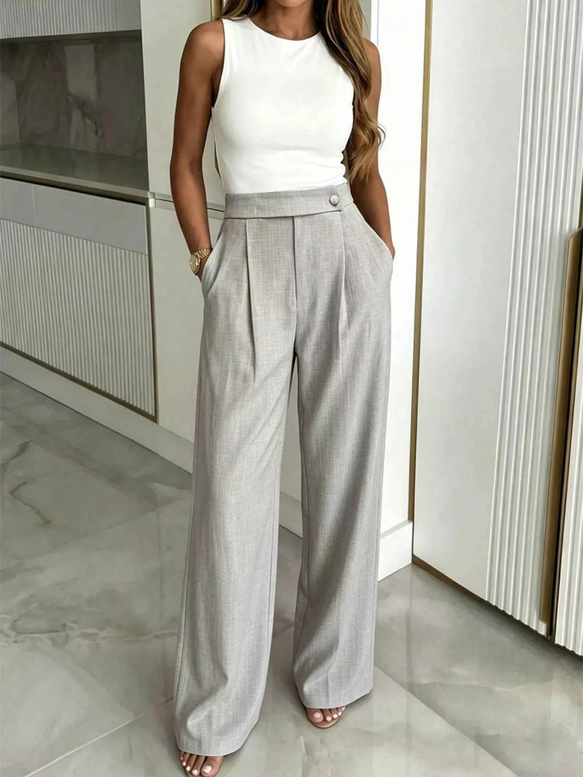 High-Waisted Wide-Leg Pleated Pants