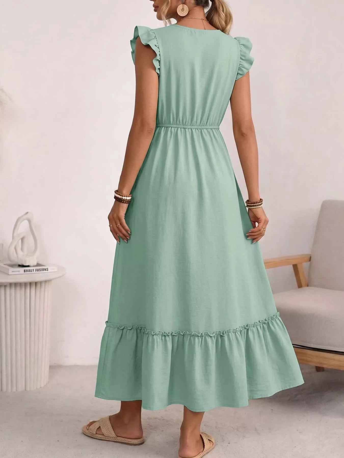Tie Neck Ruffle Sleeve Maxi Dress