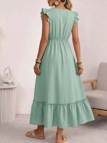 Tie Neck Ruffle Sleeve Maxi Dress