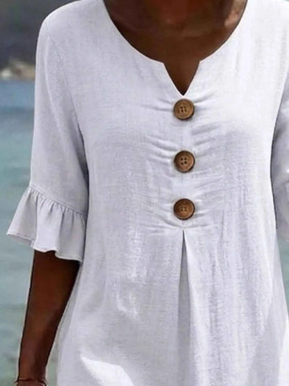 Full Size Button Decor Ruffle Sleeve Midi Dress Plus Size