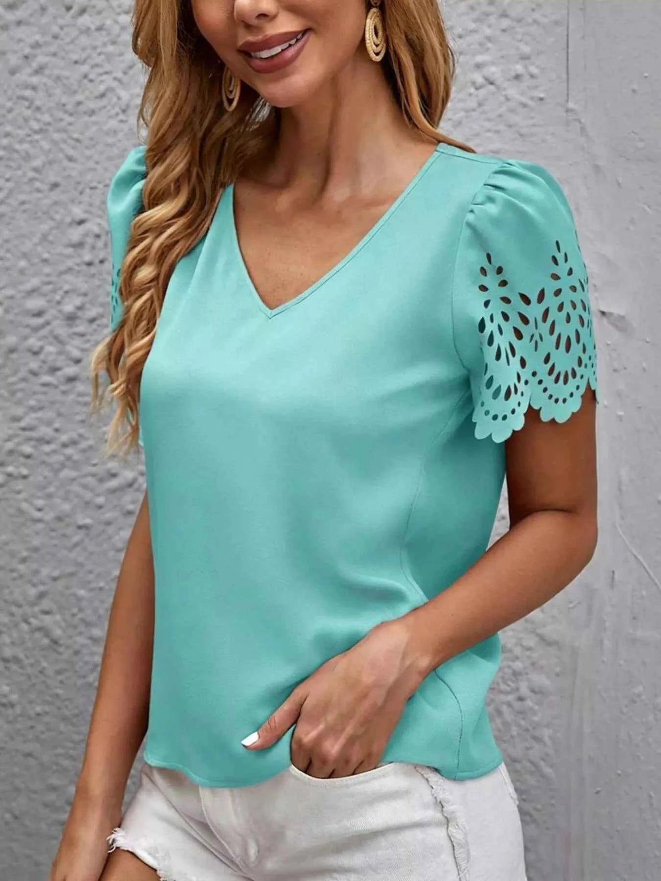 V-Neck Lace Short Sleeve Blouse