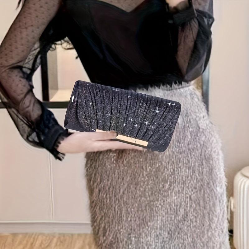 1pc Shiny Pleated Envelope Evening Bag, Sparkling Evening Handbag
