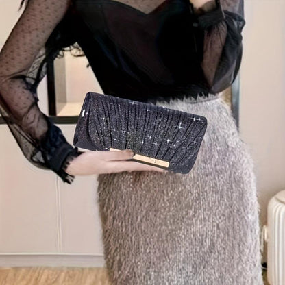 1pc Shiny Pleated Envelope Evening Bag, Sparkling Evening Handbag