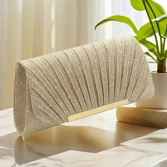 1pc Shiny Pleated Envelope Evening Bag, Sparkling Evening Handbag