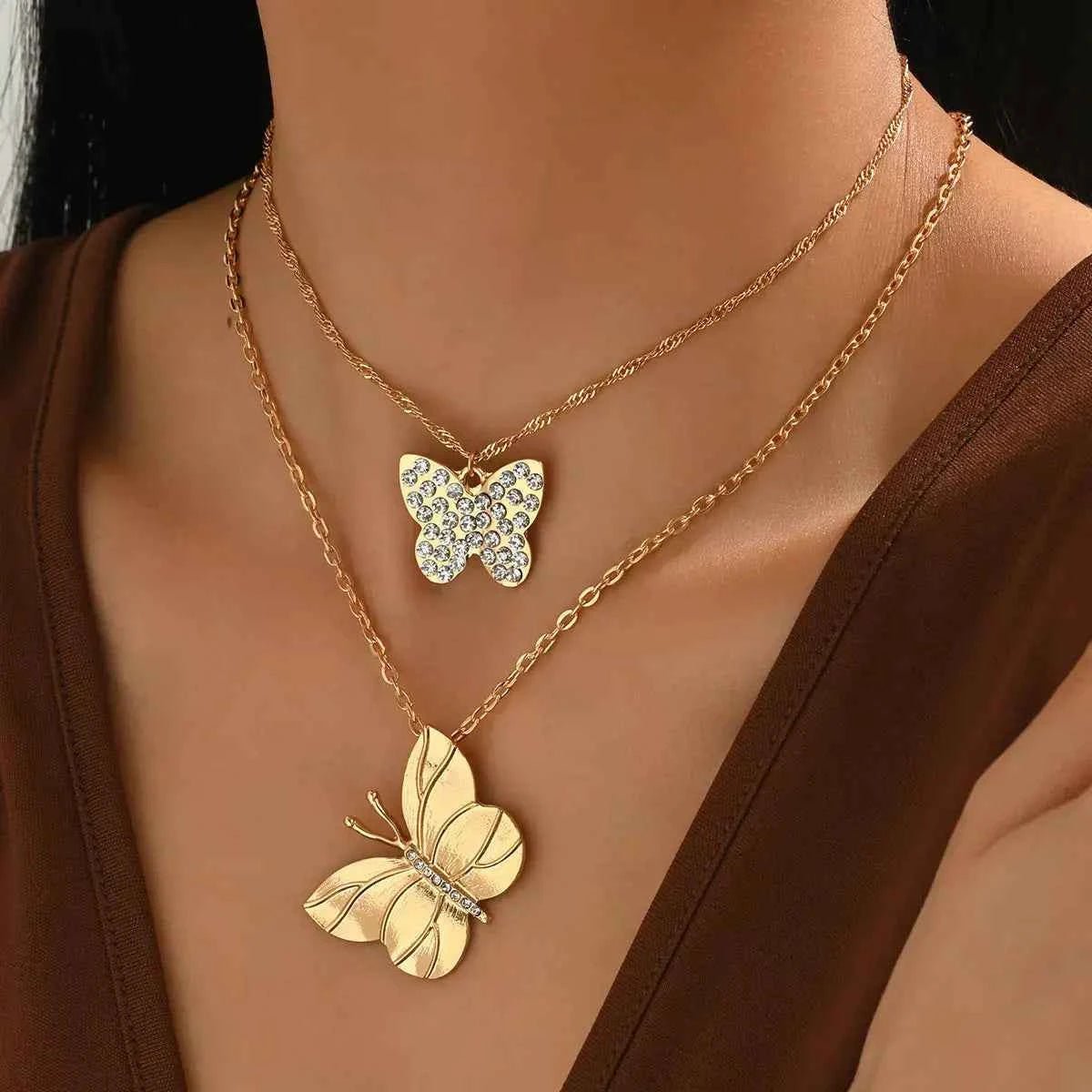 2 Piece 18K Gold-Plated Rhinestone Butterfly Necklace