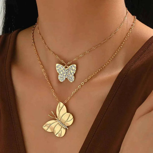 2 Piece 18K Gold-Plated Rhinestone Butterfly Necklace