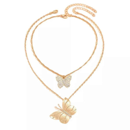 2 Piece 18K Gold-Plated Rhinestone Butterfly Necklace