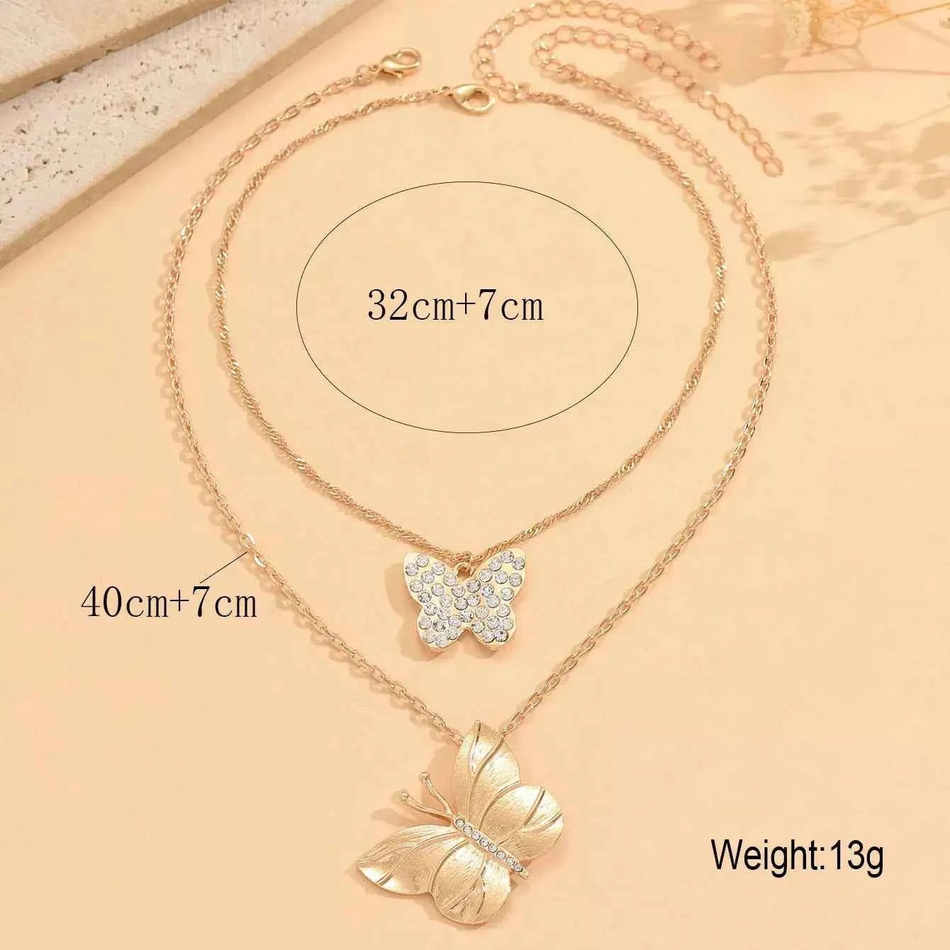 2 Piece 18K Gold-Plated Rhinestone Butterfly Necklace