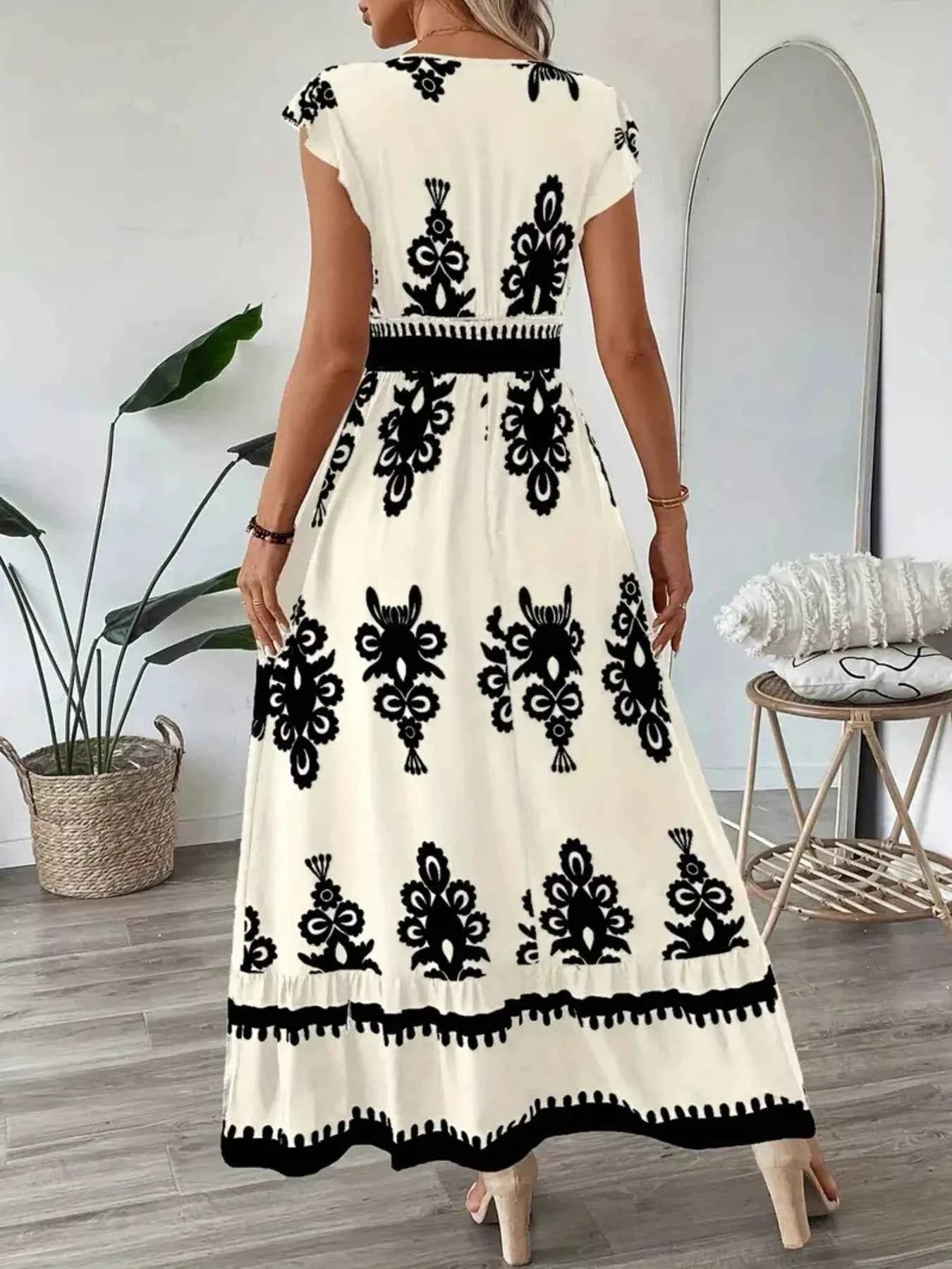 Ruffled Printed V-Neck Maxi Dress