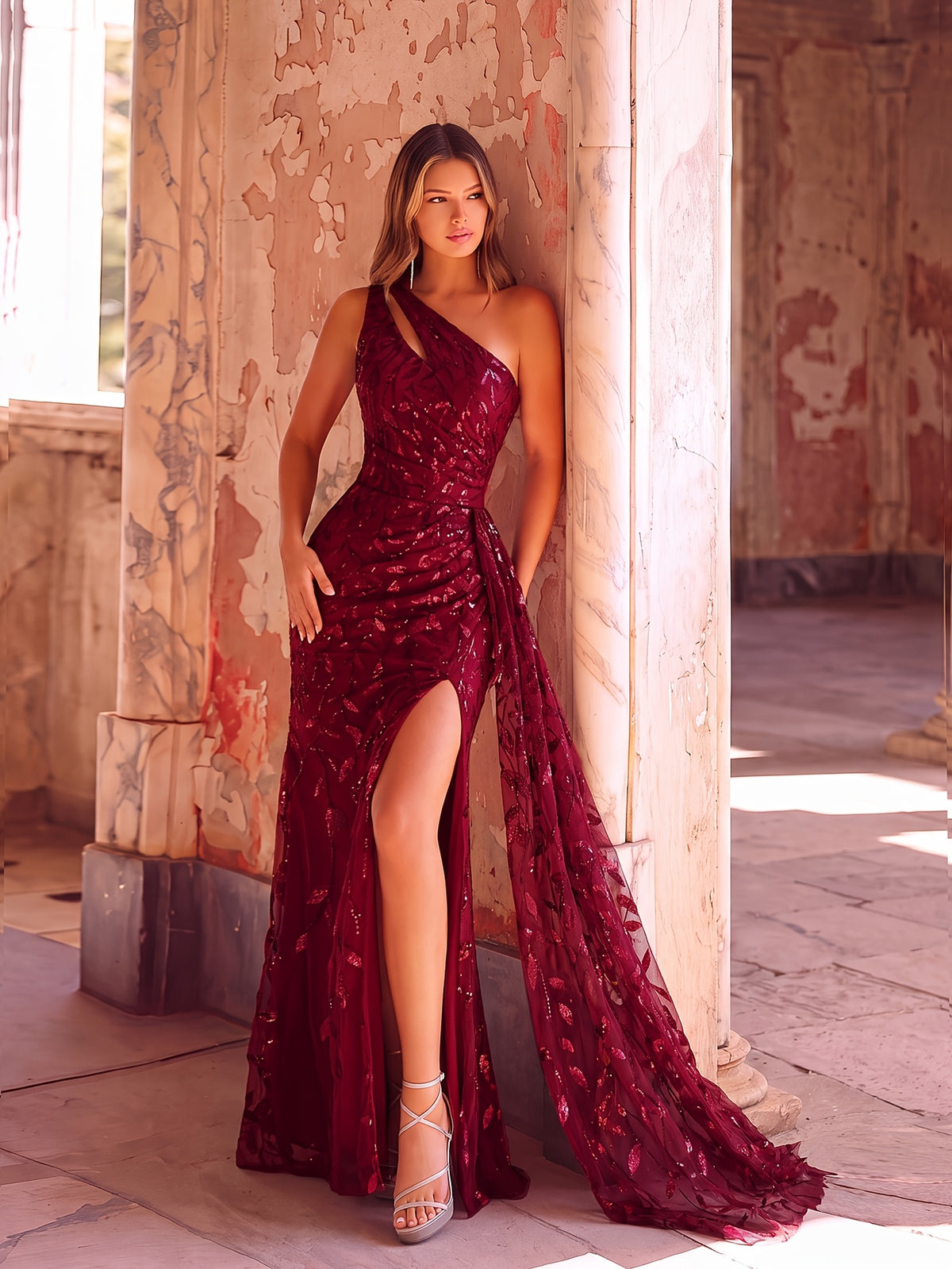 Leaf Sequin Backless Gown with High Slit