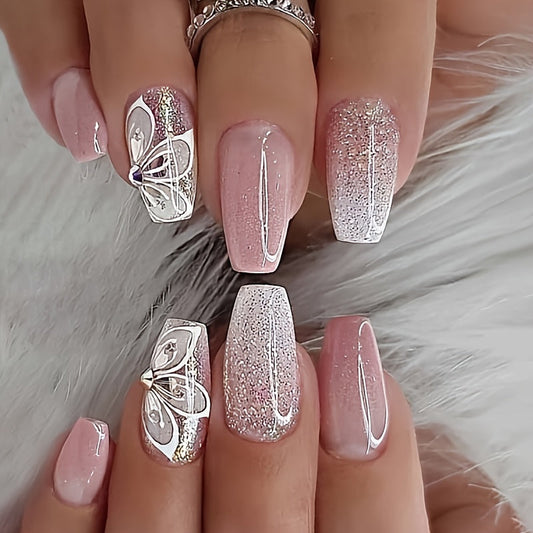 Christmas Fall And Winter Pink Glitter Short Coffin Press Fake Nails Set