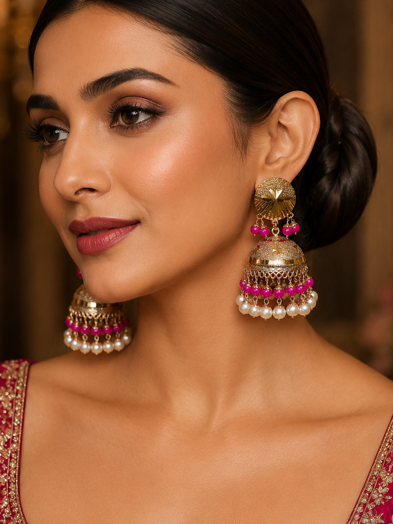 PINK PITCH Gold Plated Punjabi Bell Jhumka Earrings