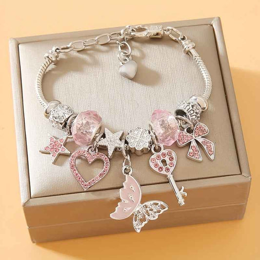 Pink Key Pendant with Princess-style, Butterfly, and Bowknot Heart-shaped Pendant Ladies' Adjustable Stainless Steel Bracelet, Celebrity Style