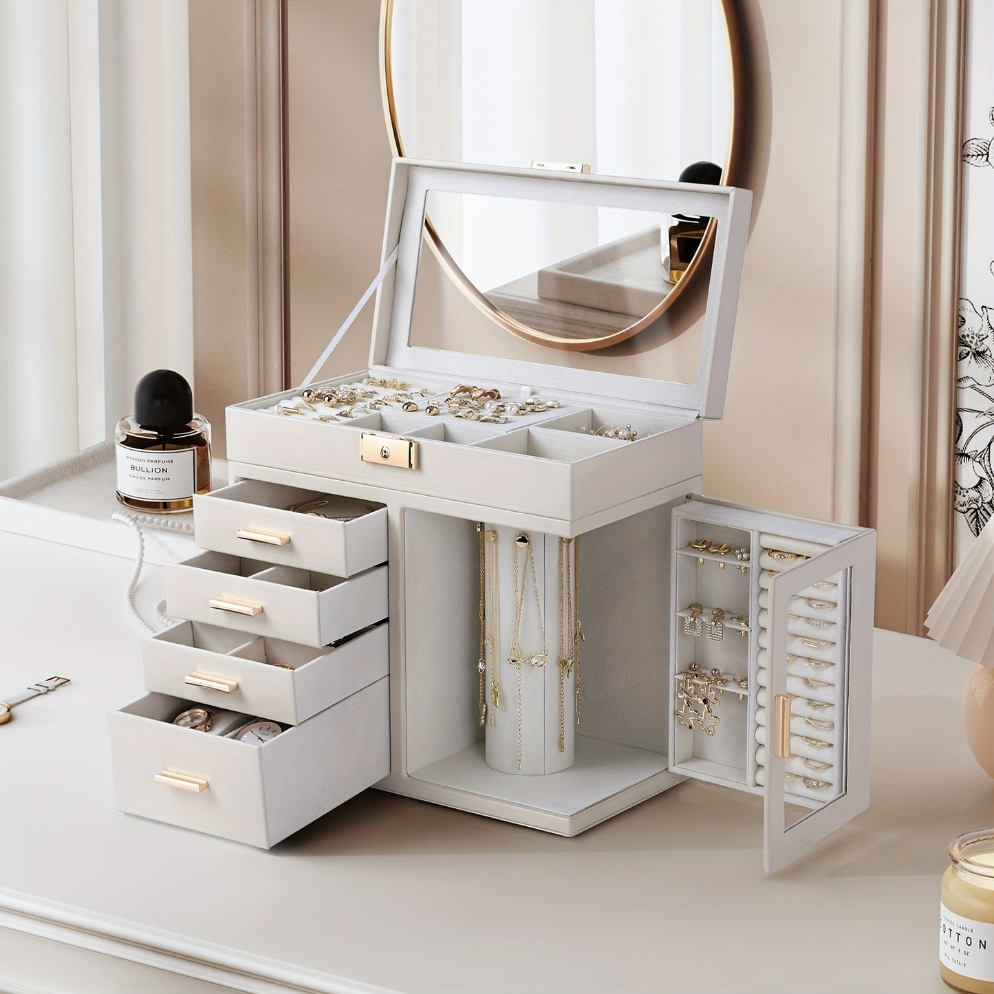 Giant Jewellery Box with 360° Rotating Necklace Hook & Multi-Layer Drawers