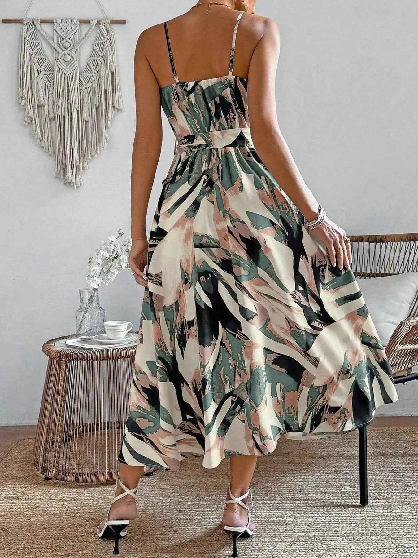 Abstract Print Tie Waist Cami Dress