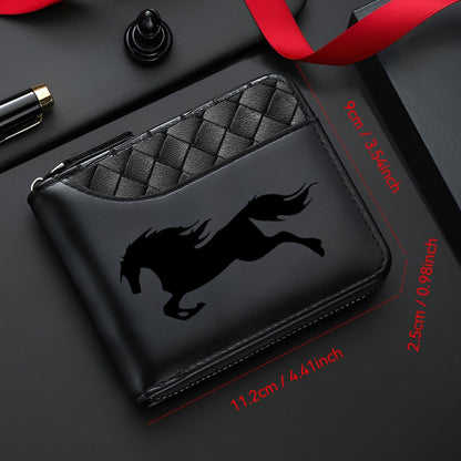 Men's Premium Wallet in Prestigious Black and White Horse-Hair Print - Black Crocodile-textured Synthetic Leather with Elegant Zipper Closure, Showcasing the Star-embossed Shield Emblem