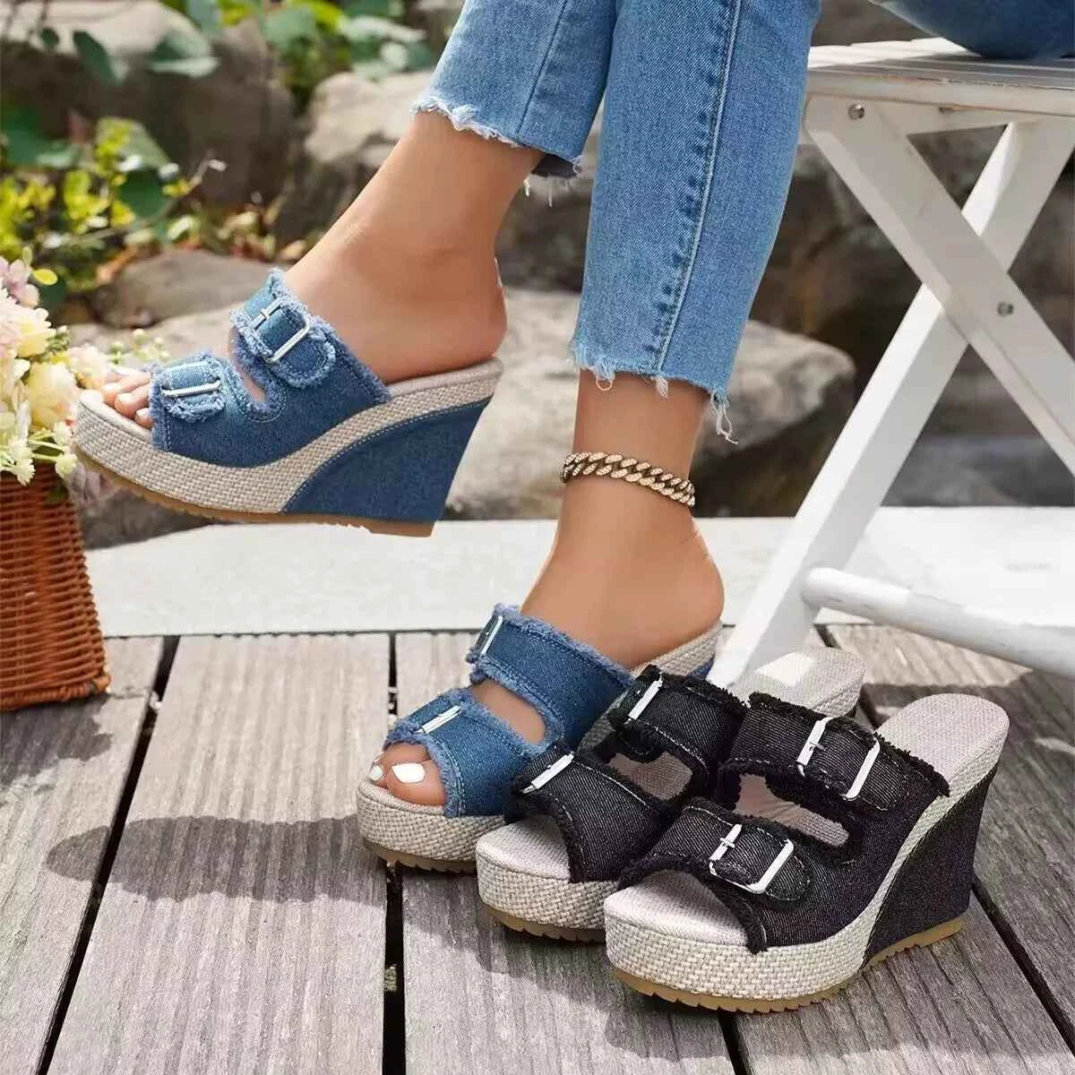 Buckle Open Toe Wedge Sandals