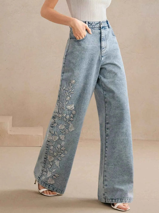 Embroidered Wide-Leg Jeans