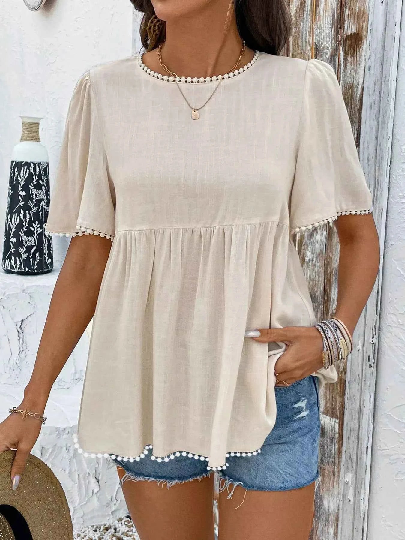 Pom-Pom Trimmed Short Sleeve Blouse