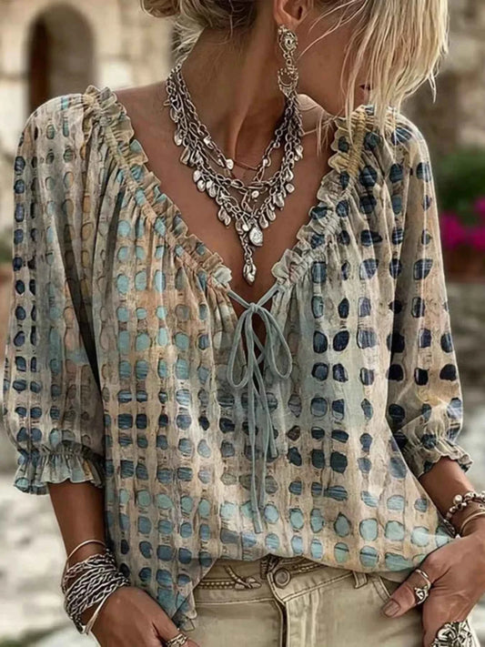 Full Size Tie Neck 3/4 Sleeve Blouse Plus Size