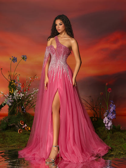 One-Shoulder Sequin A-Line Gown