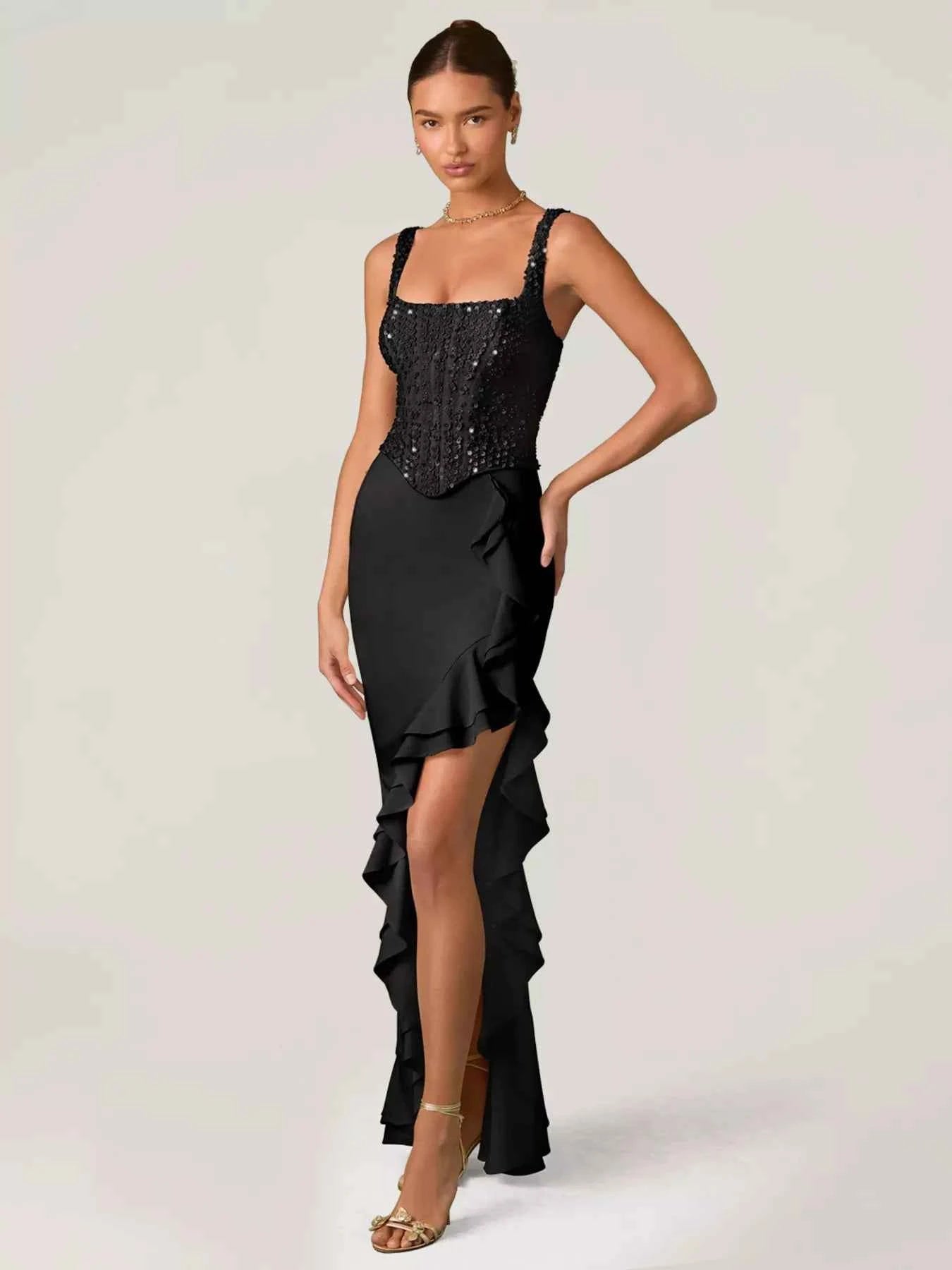Sequin Ruffle Hem Maxi Dress